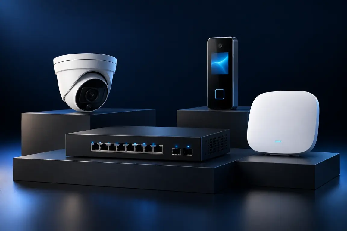 Illustrative image of a security camera, a network switch, an access-control terminal and a wireless access point.
